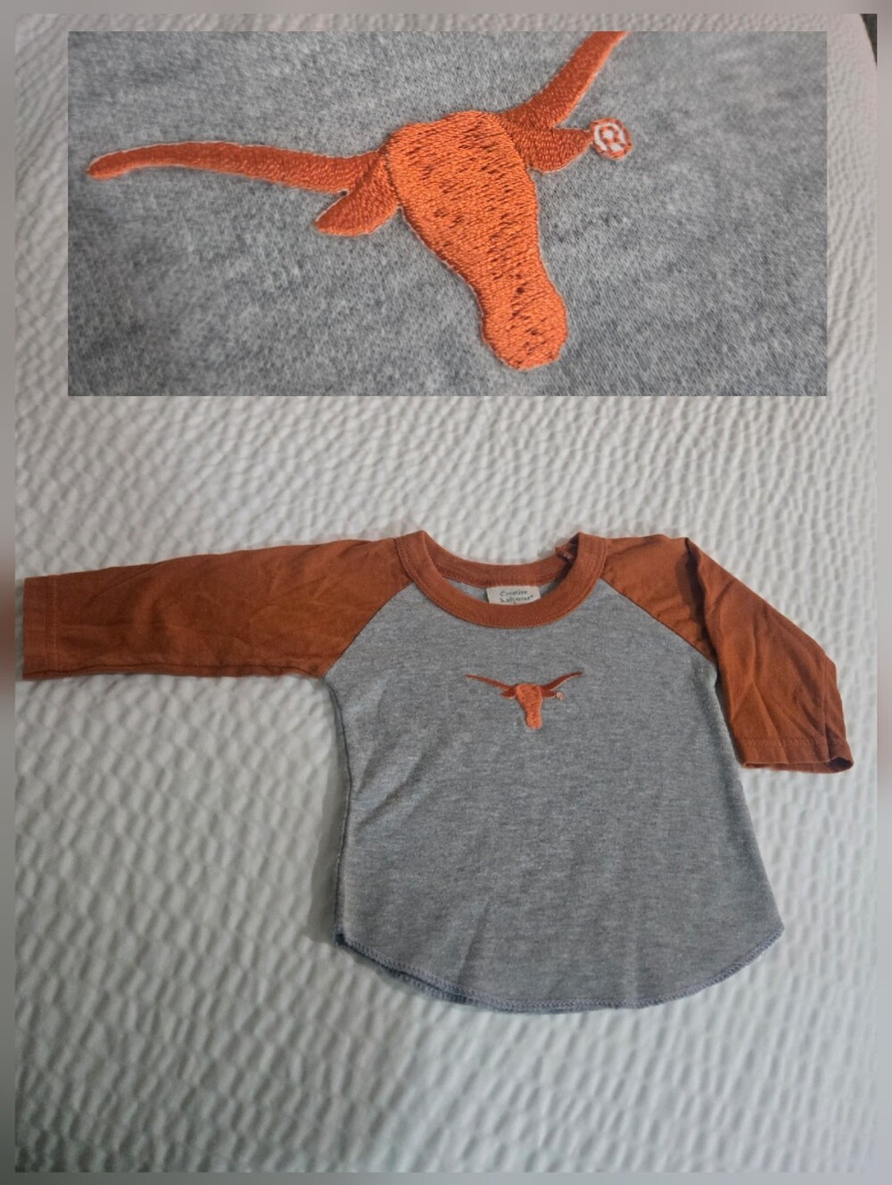Girls or Boys Texas longhorns T tee shirt burnt orange raglan, 6m - 9m